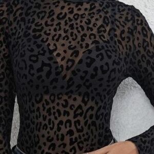 Elegant Black Leopard Print Sheer Blouse